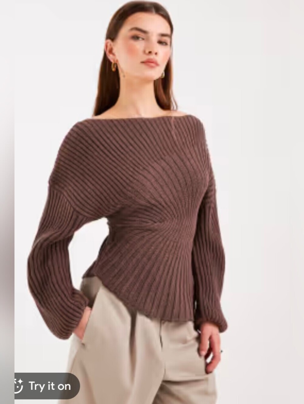ASOS Chocolate Brown Ribbed Off-Shoulder Twist Pullover - Picture 11 of 11